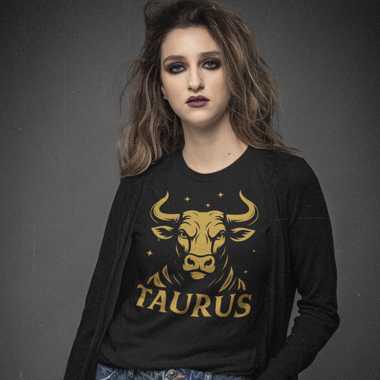 Model wearing Taurus zodiac T-shirt with gold bull design