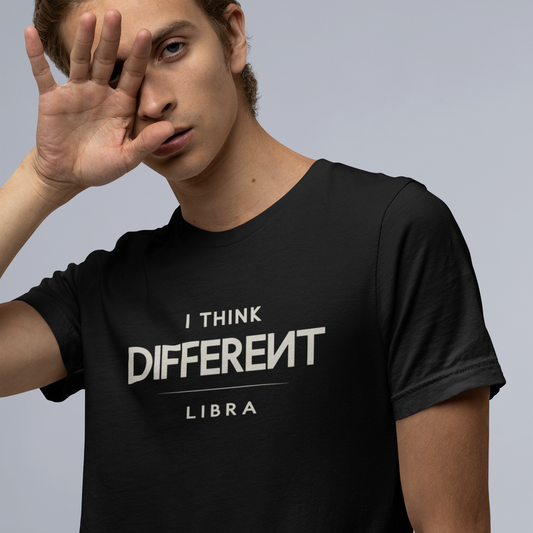 Model wearing Libra zodiac t-shirt with “I Think Different” typography quote design