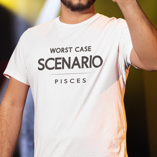 Model wearing Pisces zodiac t-shirt with “Worst Case Scenario” bold typography quote design.