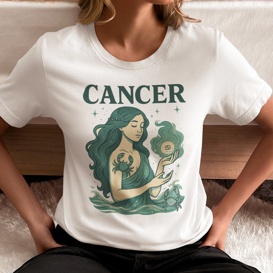 Model wearing Cancer zodiac t-shirt with water sign illustration and crab details.