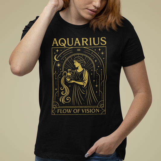 Model wearing Aquarius zodiac T-shirt with flow of vision celestial illustration.