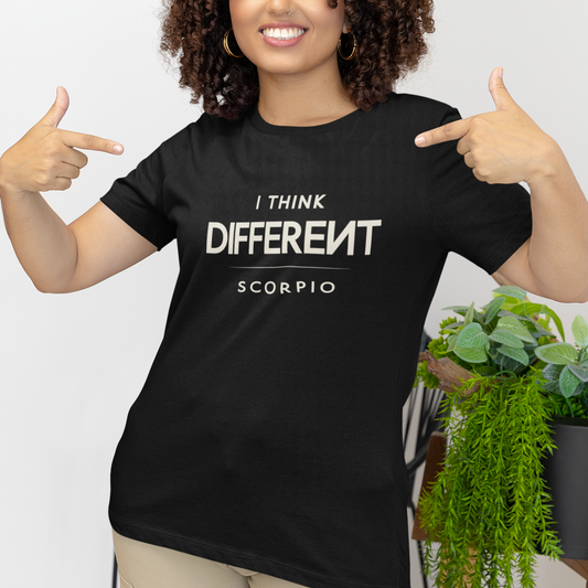 Model wearing Scorpio zodiac t-shirt with “I Think Different” typography quote design