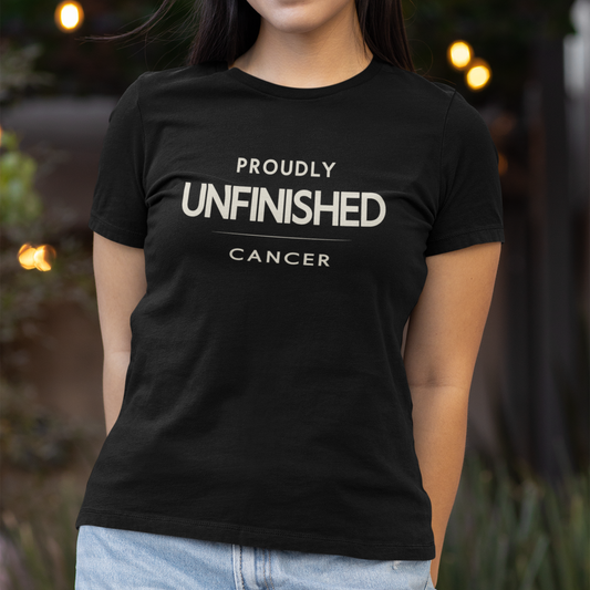Model wearing Cancer zodiac t-shirt with “Proudly Unfinished” typography quote design