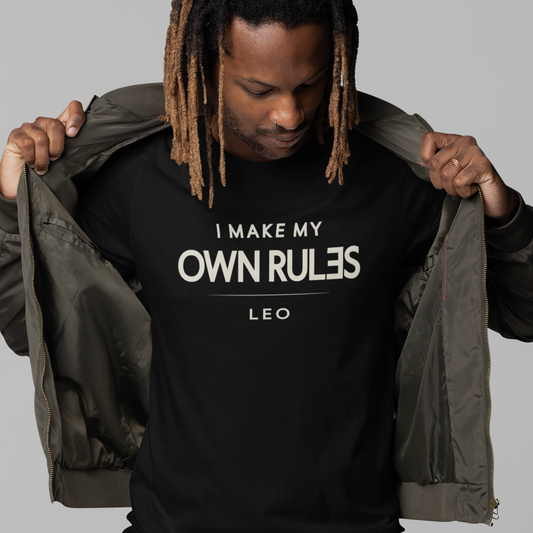Model wearing Leo zodiac t-shirt with “I Make My Own Rules” bold typography design