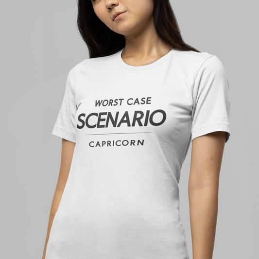 Model wearing Capricorn zodiac t-shirt with “Worst Case Scenario” typography quote design