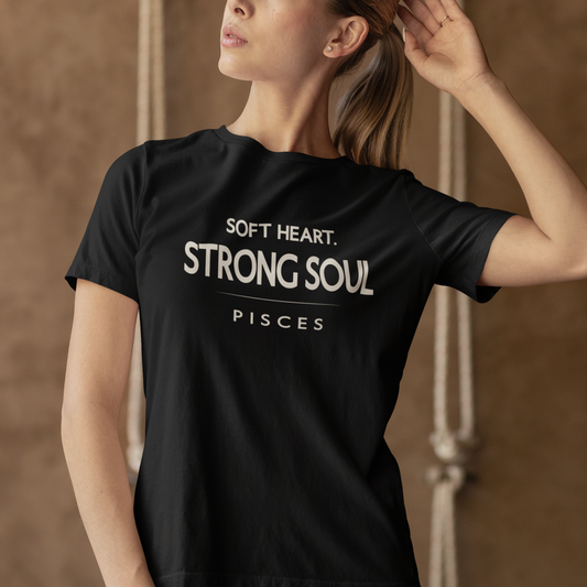 Model wearing Pisces zodiac t-shirt with Soft Heart Strong Soul typography.