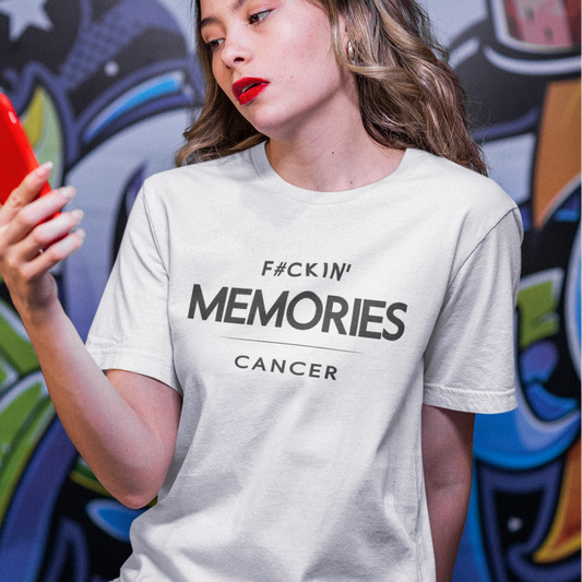 Model wearing Cancer zodiac t-shirt with F#ckin’ Memories typography on white tee
