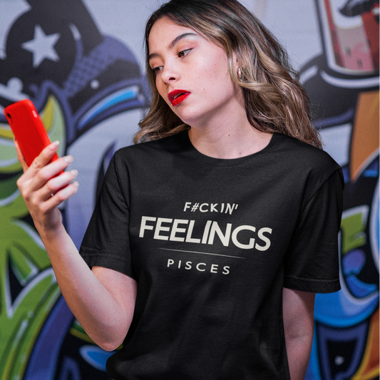 Model wearing Pisces zodiac t-shirt with F#ckin’ Feelings typography on black tee