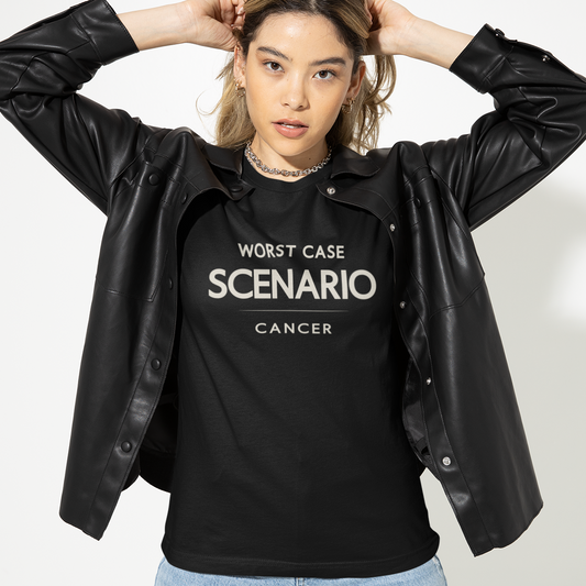 Model wearing Cancer zodiac t-shirt with “Worst Case Scenario” typography quote design