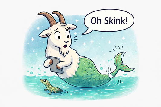 Funny cartoon of a Capricorn sea goat whose tail has popped off, saying ‘Oh Skink!’ — playful zodiac humor illustration.