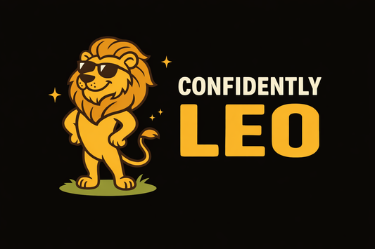 Confident Leo zodiac character illustration with sunglasses and bold “Confidently Leo” text.