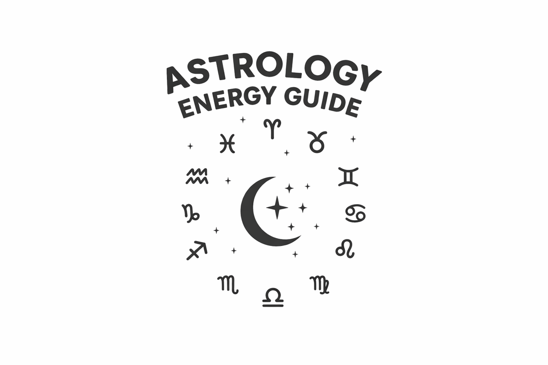 Astrology Energy Guide banner with zodiac symbols in a circle around a crescent moon and stars on a white background.