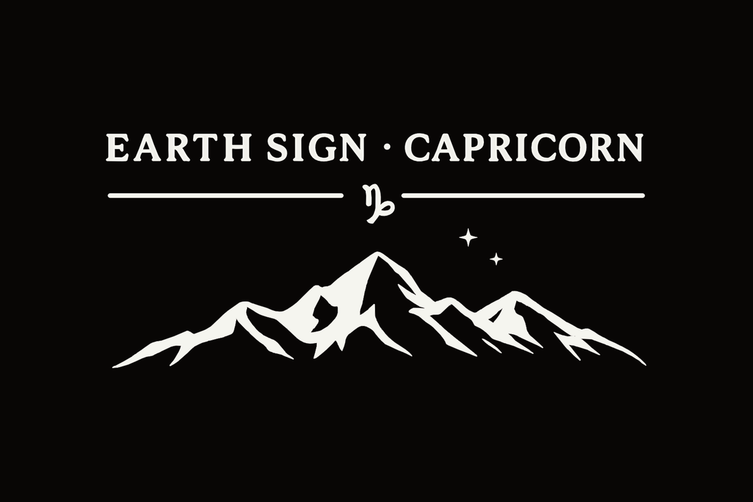 Minimalist Capricorn graphic with mountain illustration and the text ‘Earth Sign • Capricorn.’