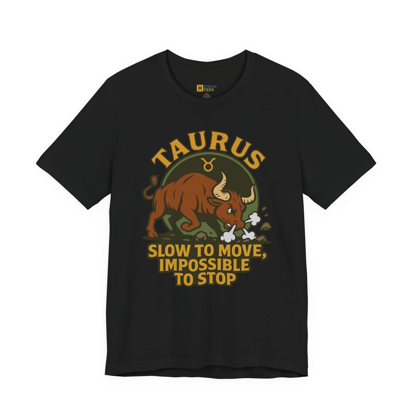 Black Taurus Slow to Move T-Shirt with charging bull zodiac design on a flat mockup