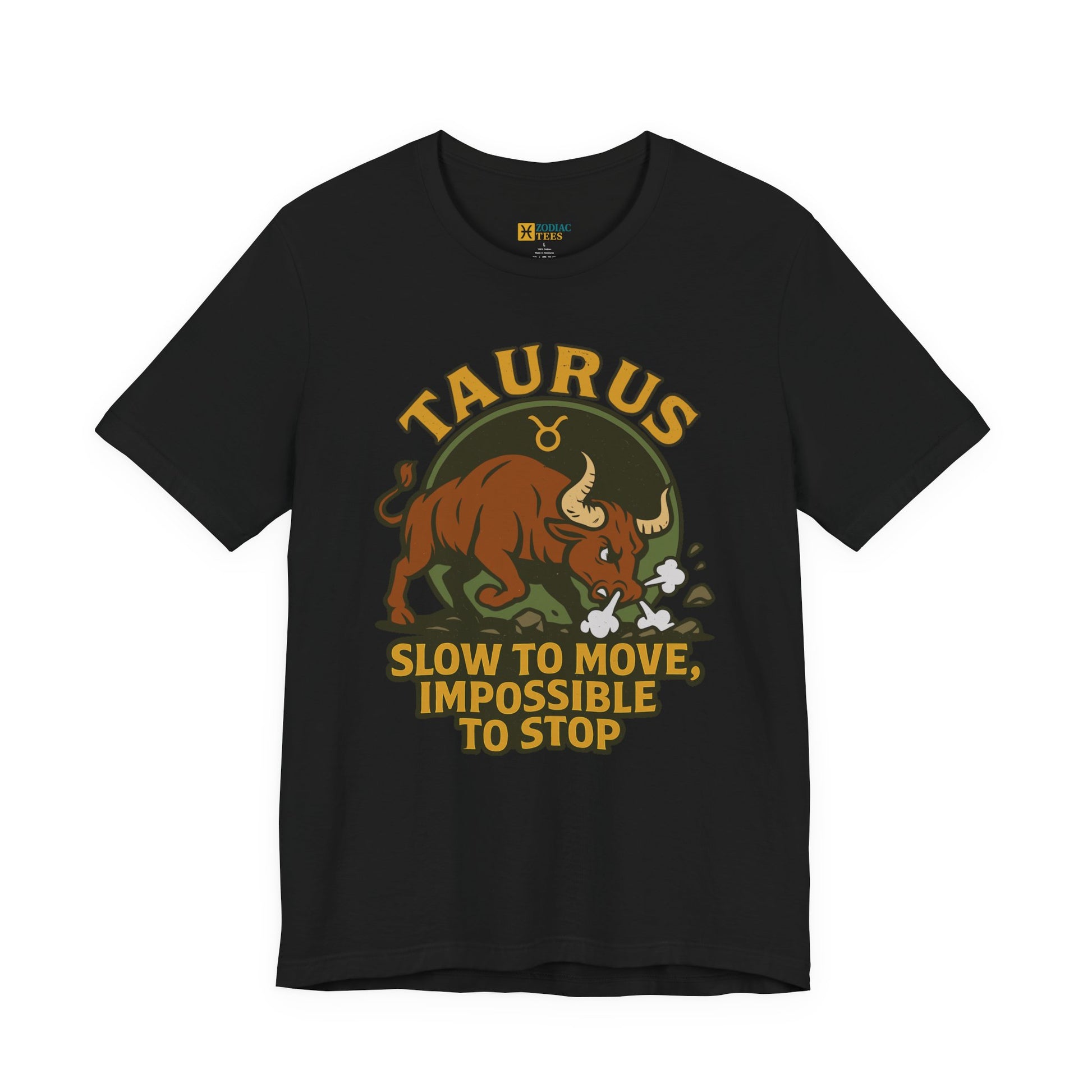 Black Taurus Slow to Move T-Shirt with charging bull zodiac design on a flat mockup