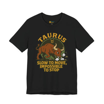Black Taurus Slow to Move T-Shirt with charging bull zodiac design on a flat mockup