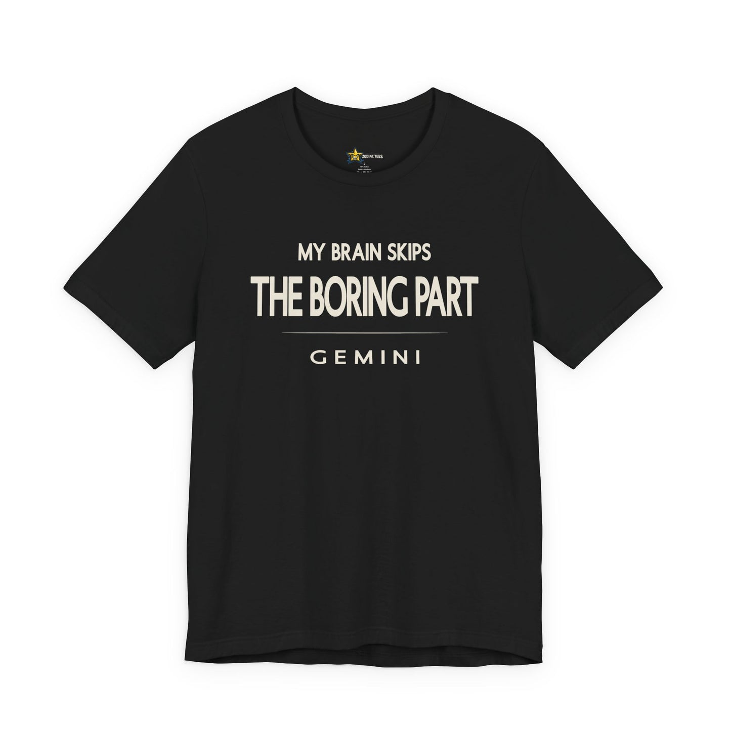Gemini astrology t-shirt with bold typography quote on black background
