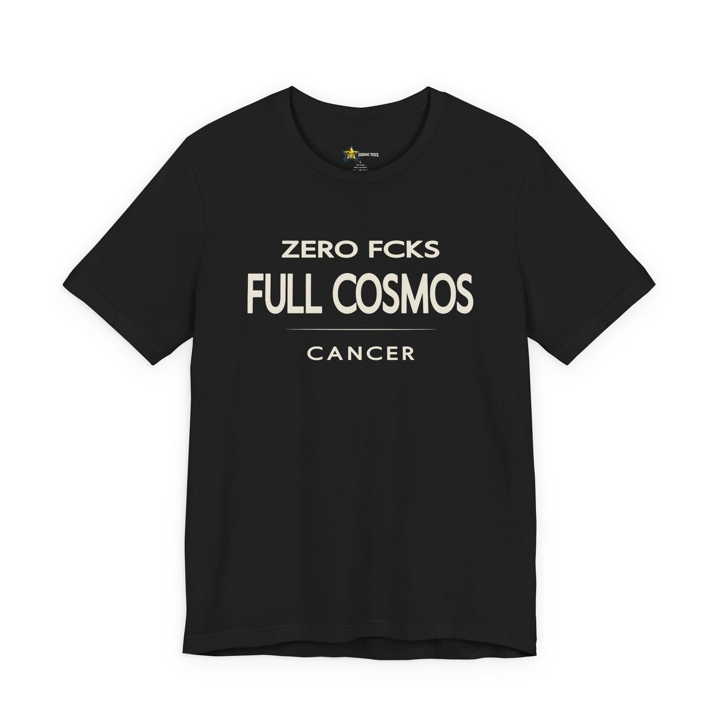 Cancer astrology t-shirt with bold typography quote on black background