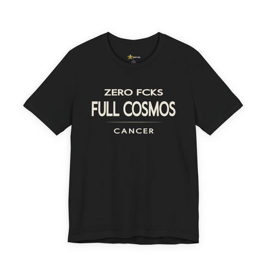 Cancer astrology t-shirt with bold typography quote on black background