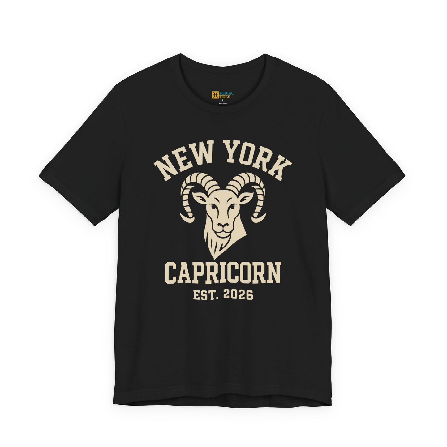 Flat black T-shirt featuring New York Capricorn ram design, Est. 2026