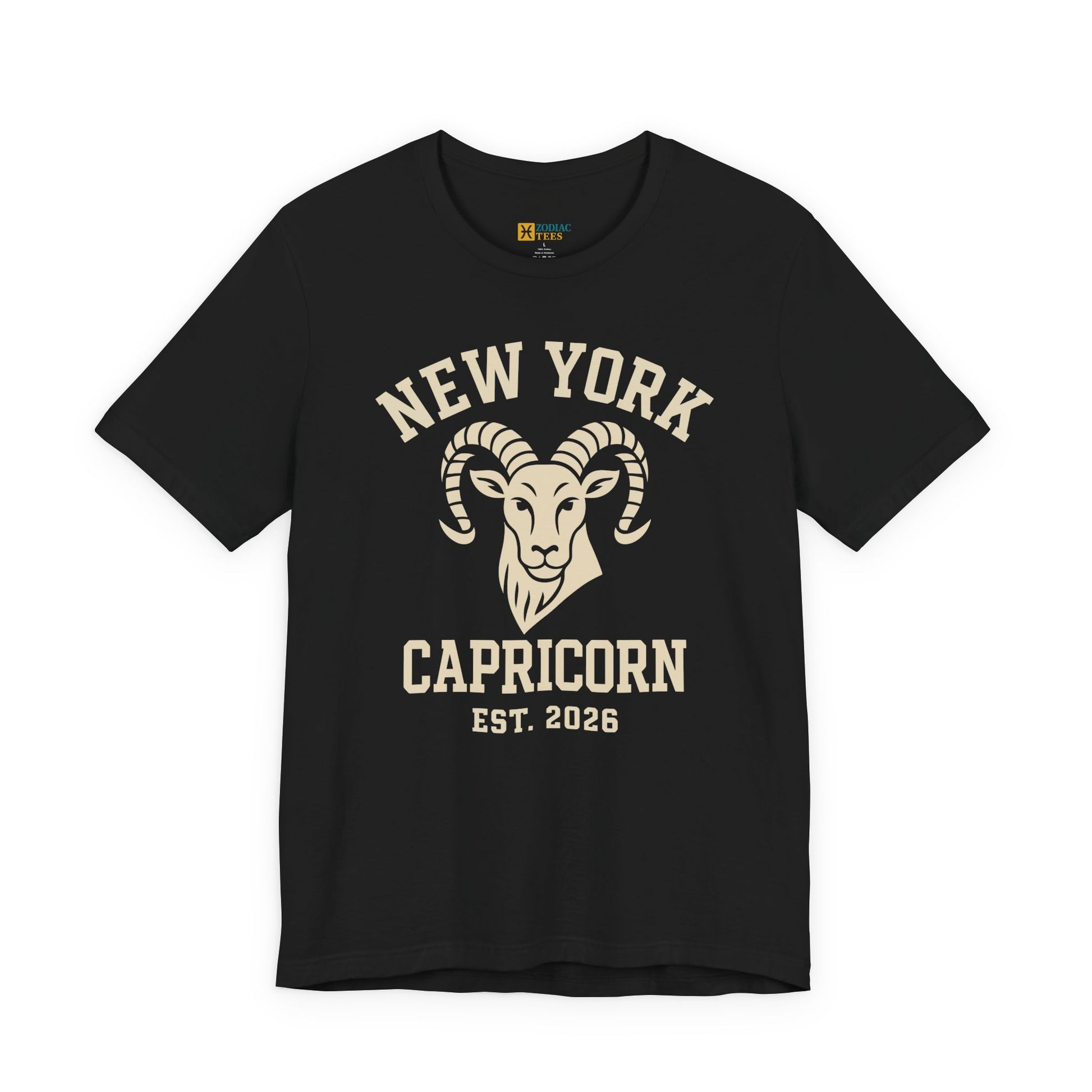 Flat black T-shirt featuring New York Capricorn ram design, Est. 2026