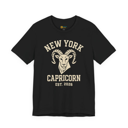 Flat black T-shirt featuring New York Capricorn ram design, Est. 2026