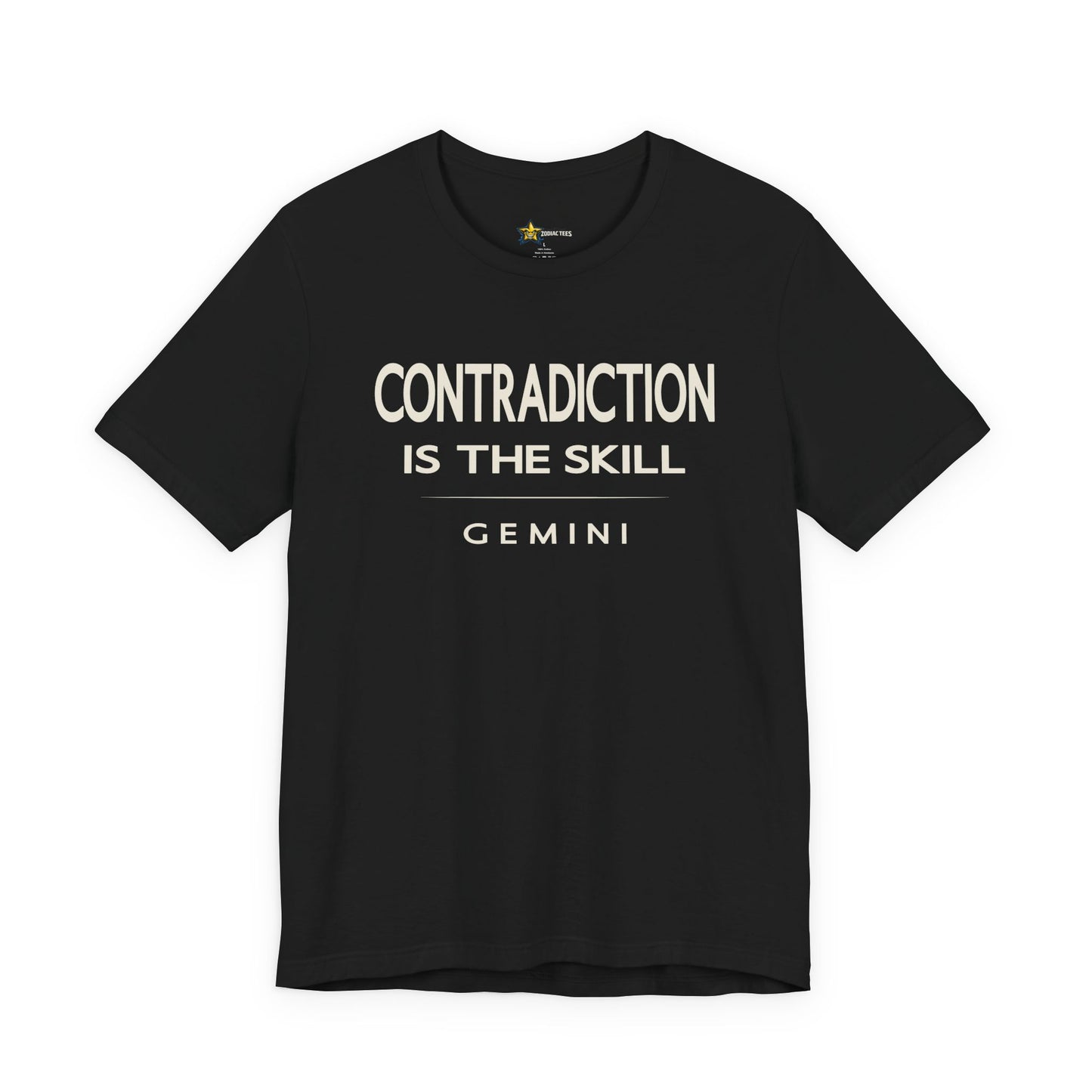 Gemini astrology t-shirt with bold typography quote on black background