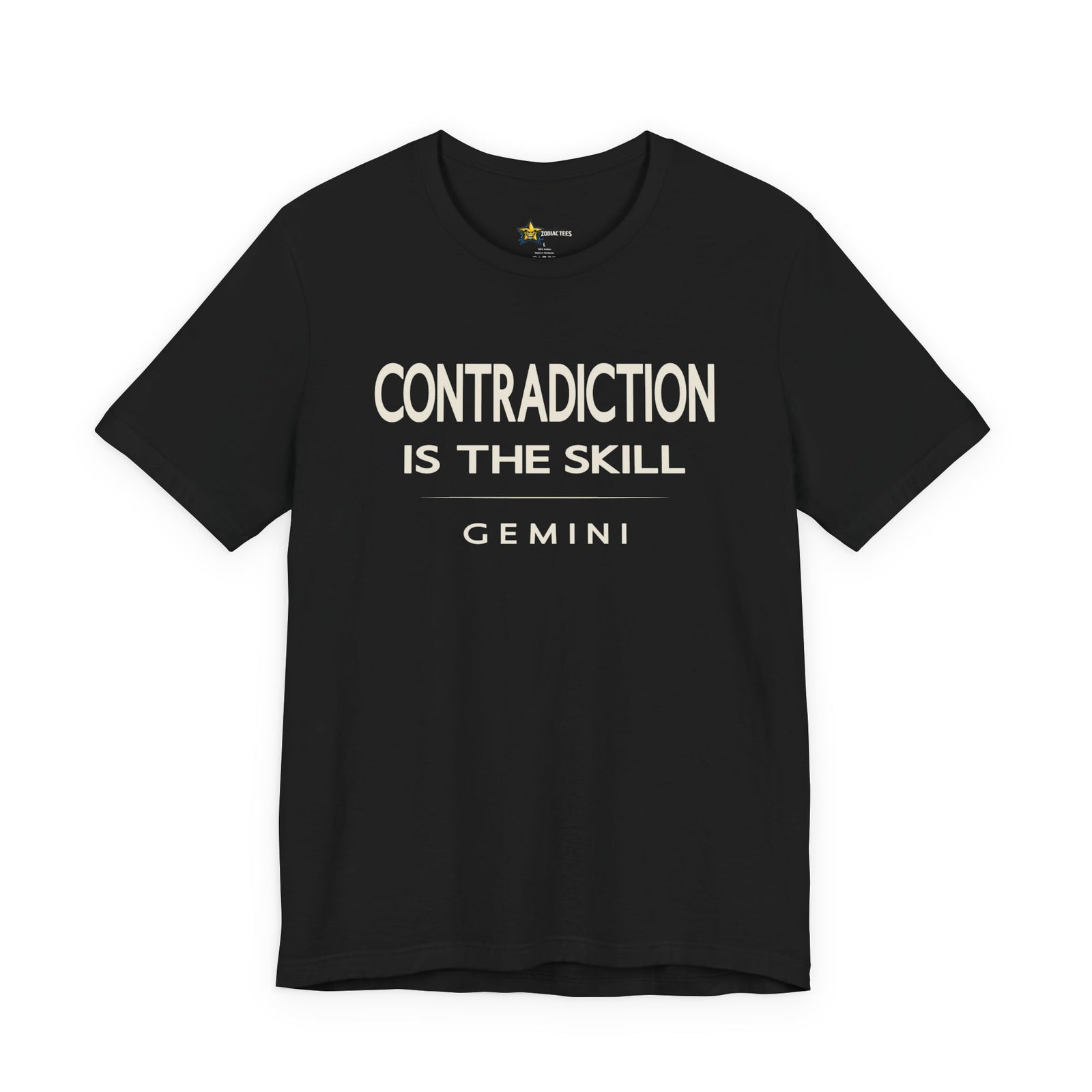 Gemini astrology t-shirt with bold typography quote on black background