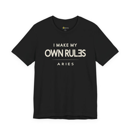 Aries astrology t-shirt with bold typography quote on black background