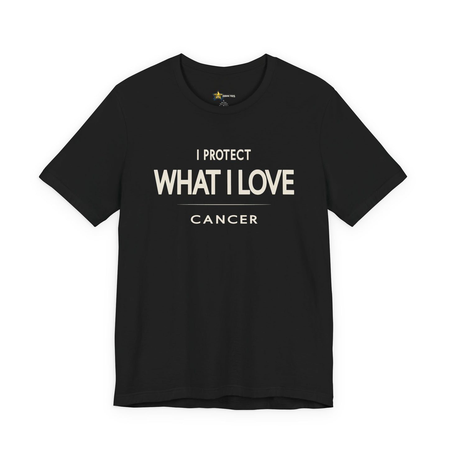 Cancer astrology t-shirt with bold typography quote on black background