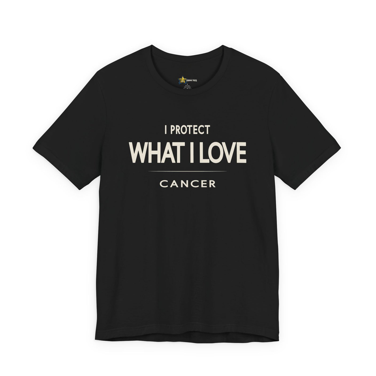 Cancer astrology t-shirt with bold typography quote on black background