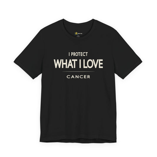 Cancer astrology t-shirt with bold typography quote on black background