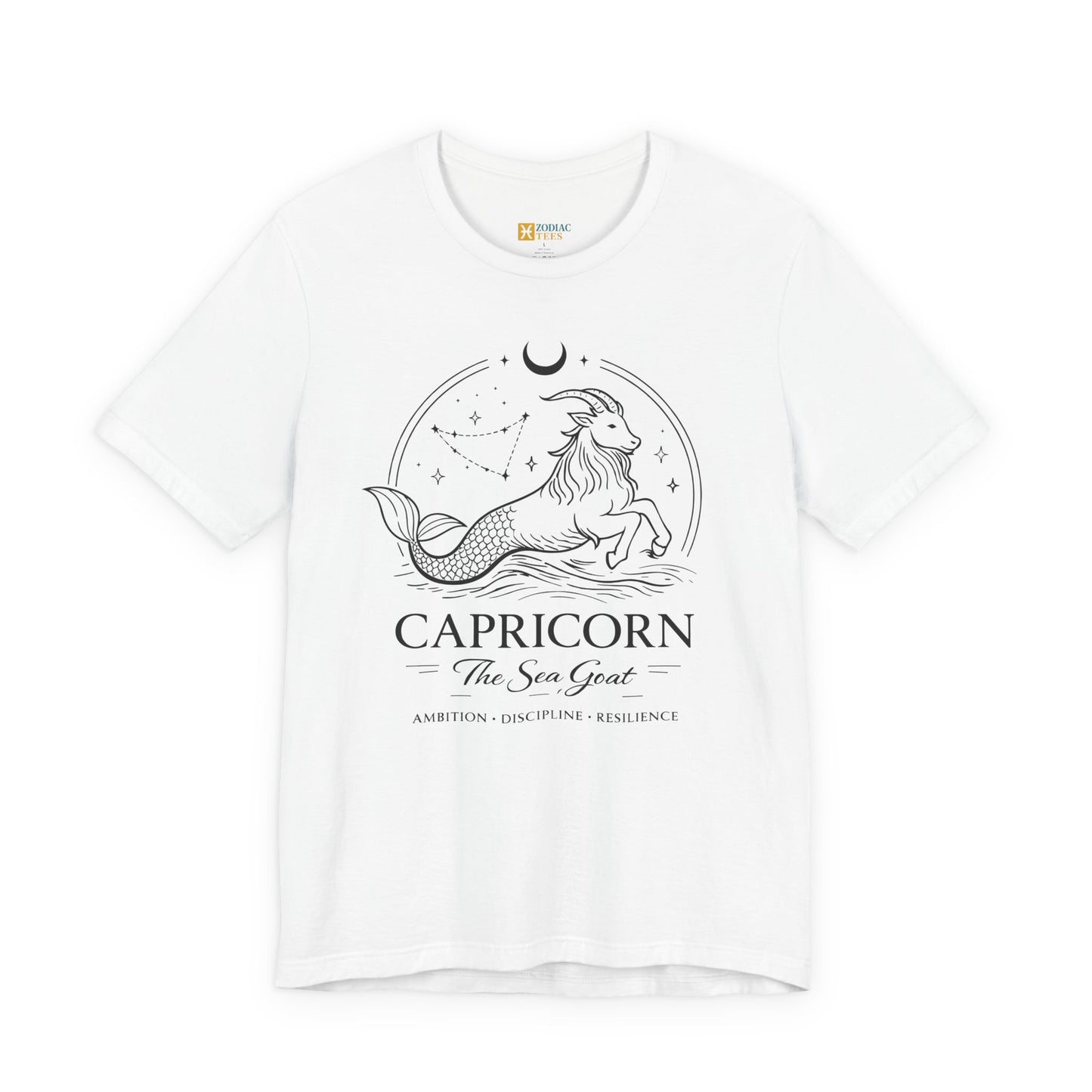 White Capricorn Sea Goat zodiac T-shirt with constellation and sea goat artwork