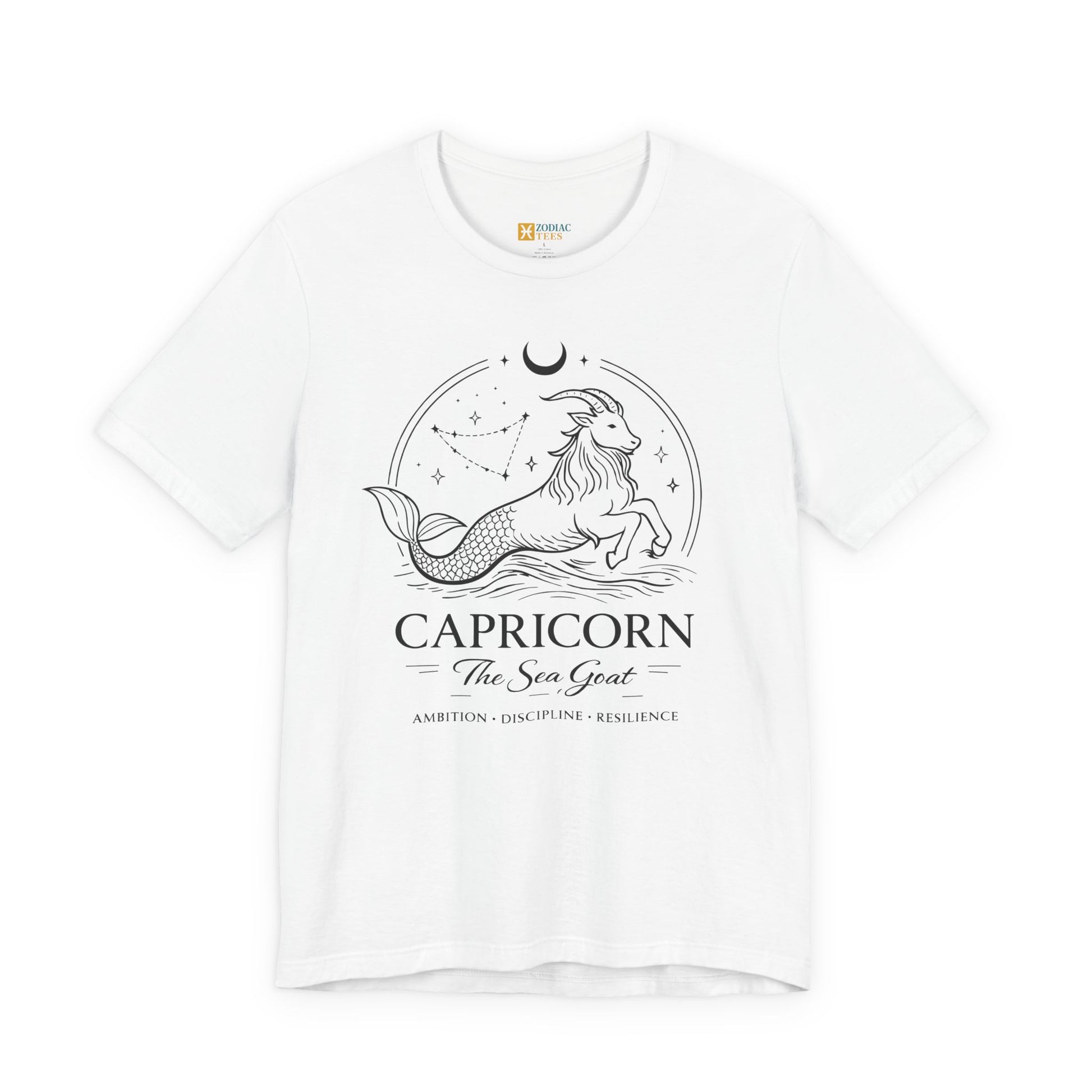 White Capricorn Sea Goat zodiac T-shirt with constellation and sea goat artwork