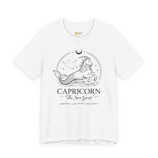 White Capricorn Sea Goat zodiac T-shirt with constellation and sea goat artwork