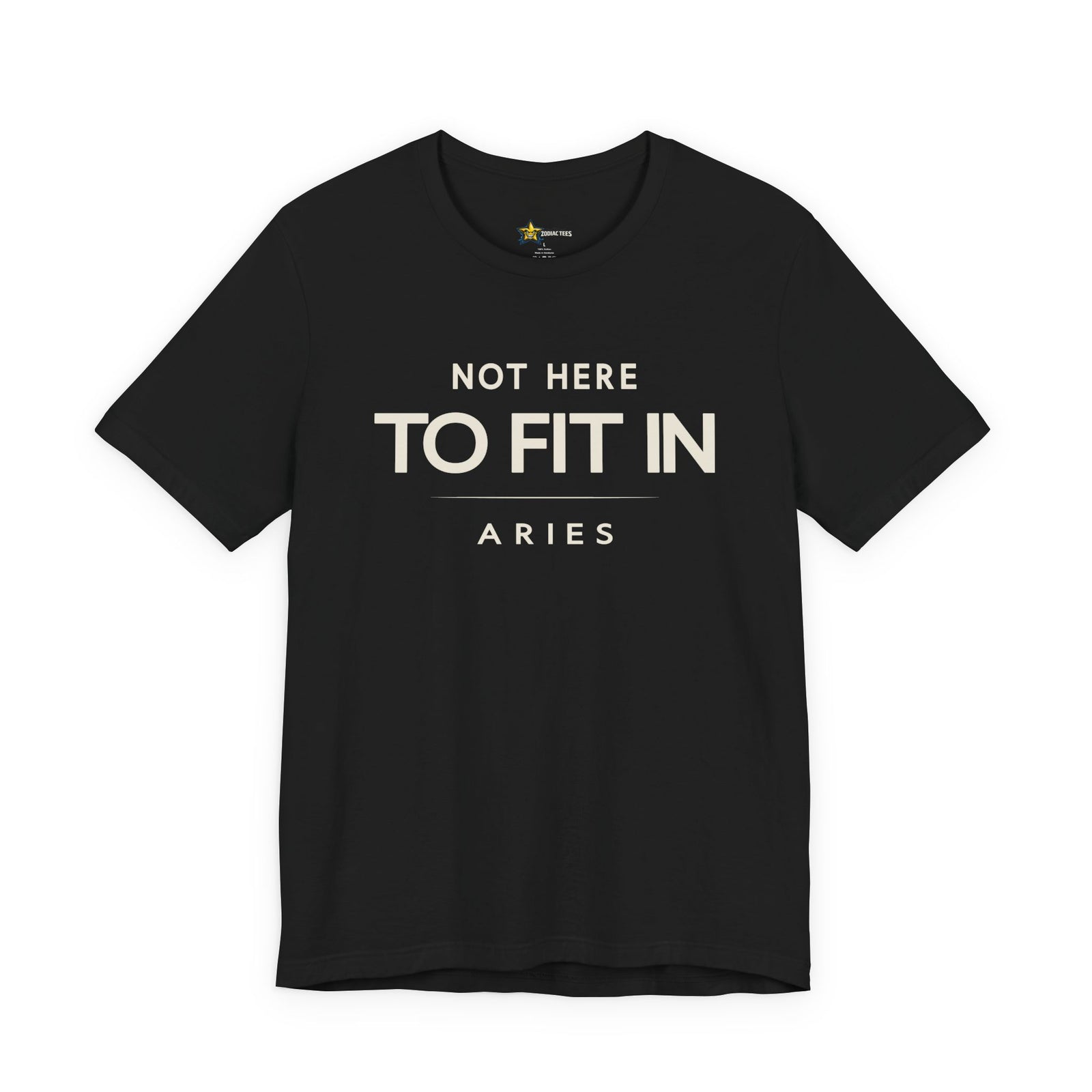 Aries astrology t-shirt with bold typography quote on black background