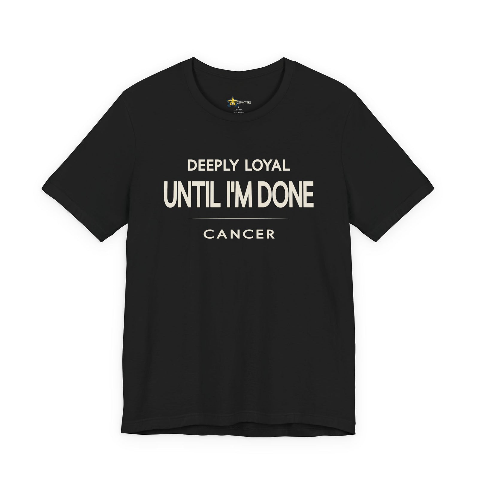 Cancer astrology t-shirt with bold typography quote on black background