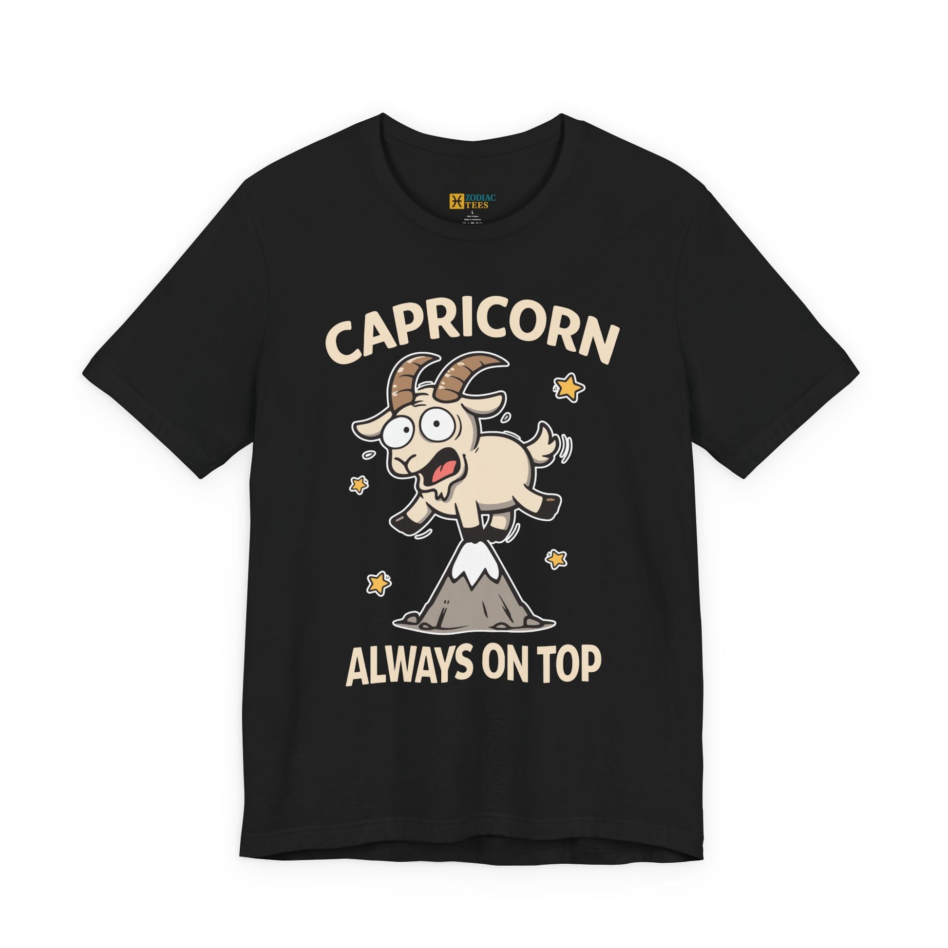 Black Capricorn ‘Always On Top’ T-shirt with a cartoon goat illustration standing on a mountain peak, shown as a flat product image.