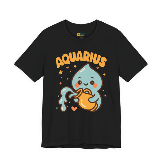 Aquarius astrology T-shirt with cute water bearer zodiac design on white background.