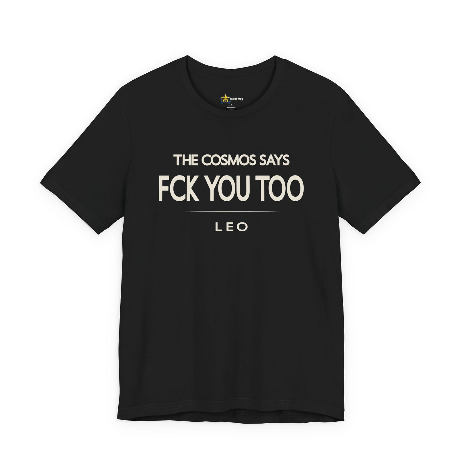 Leo astrology t-shirt with bold typography quote on black background