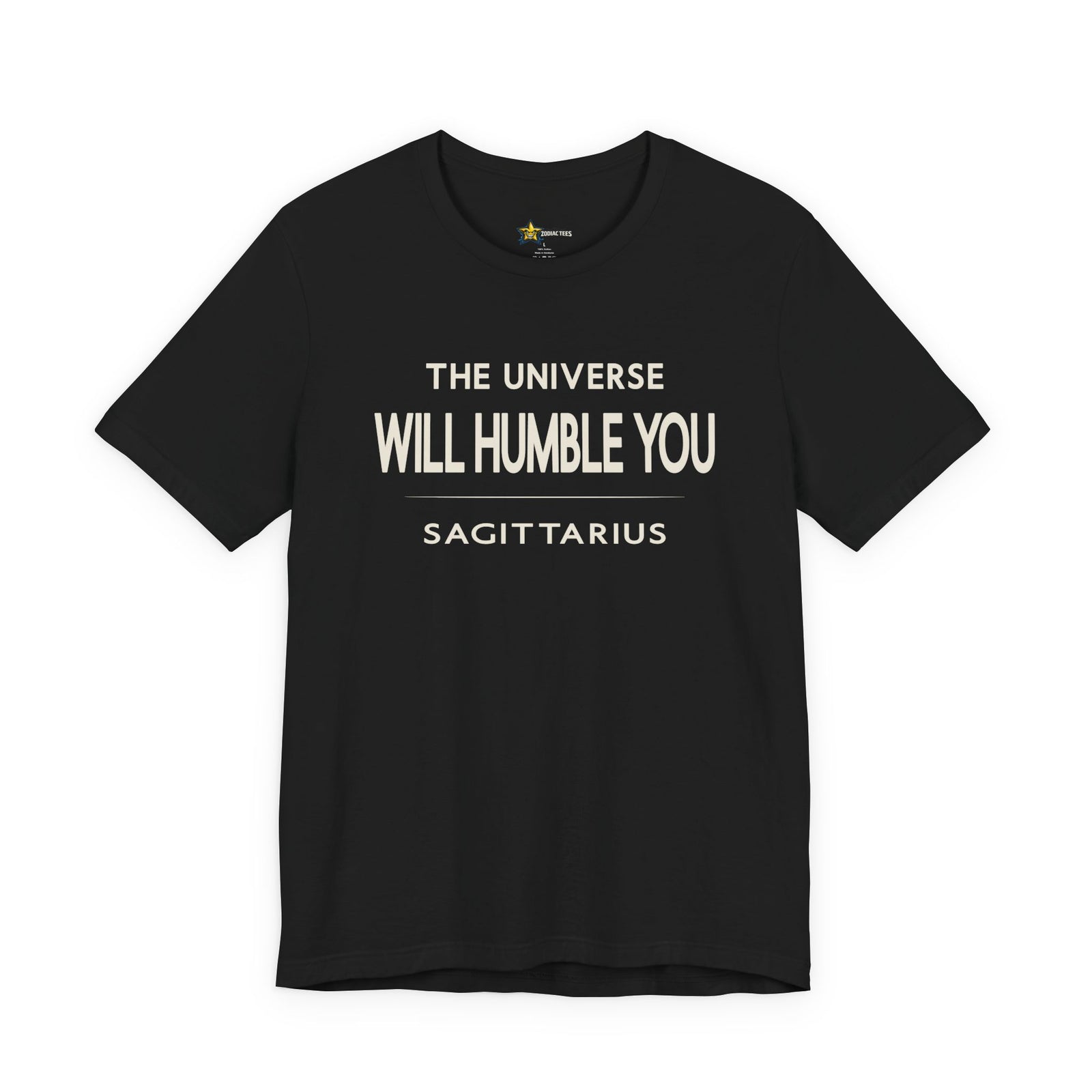 Sagittarius astrology t-shirt with bold typography quote on black background