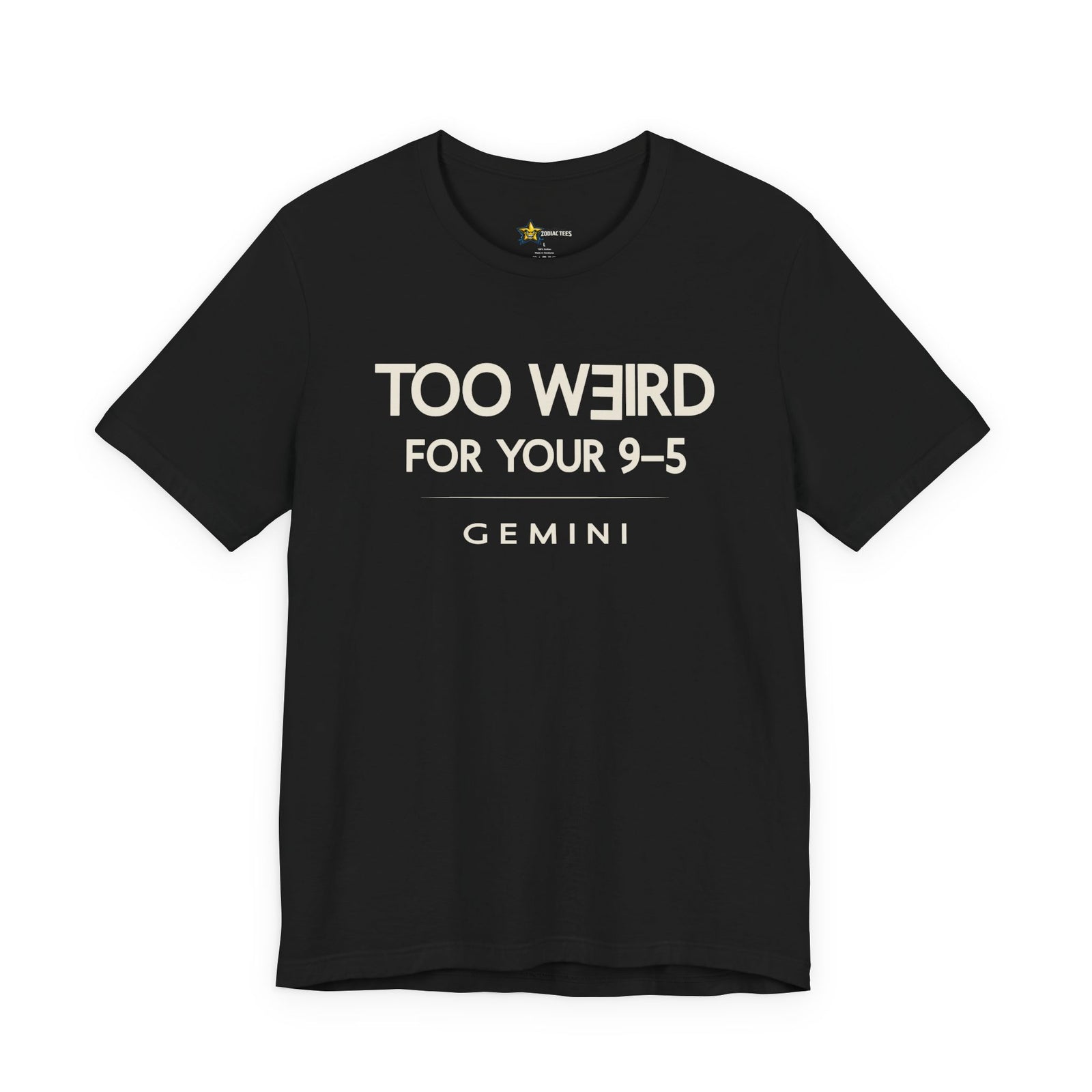 Gemini astrology t-shirt with bold typography quote on black background