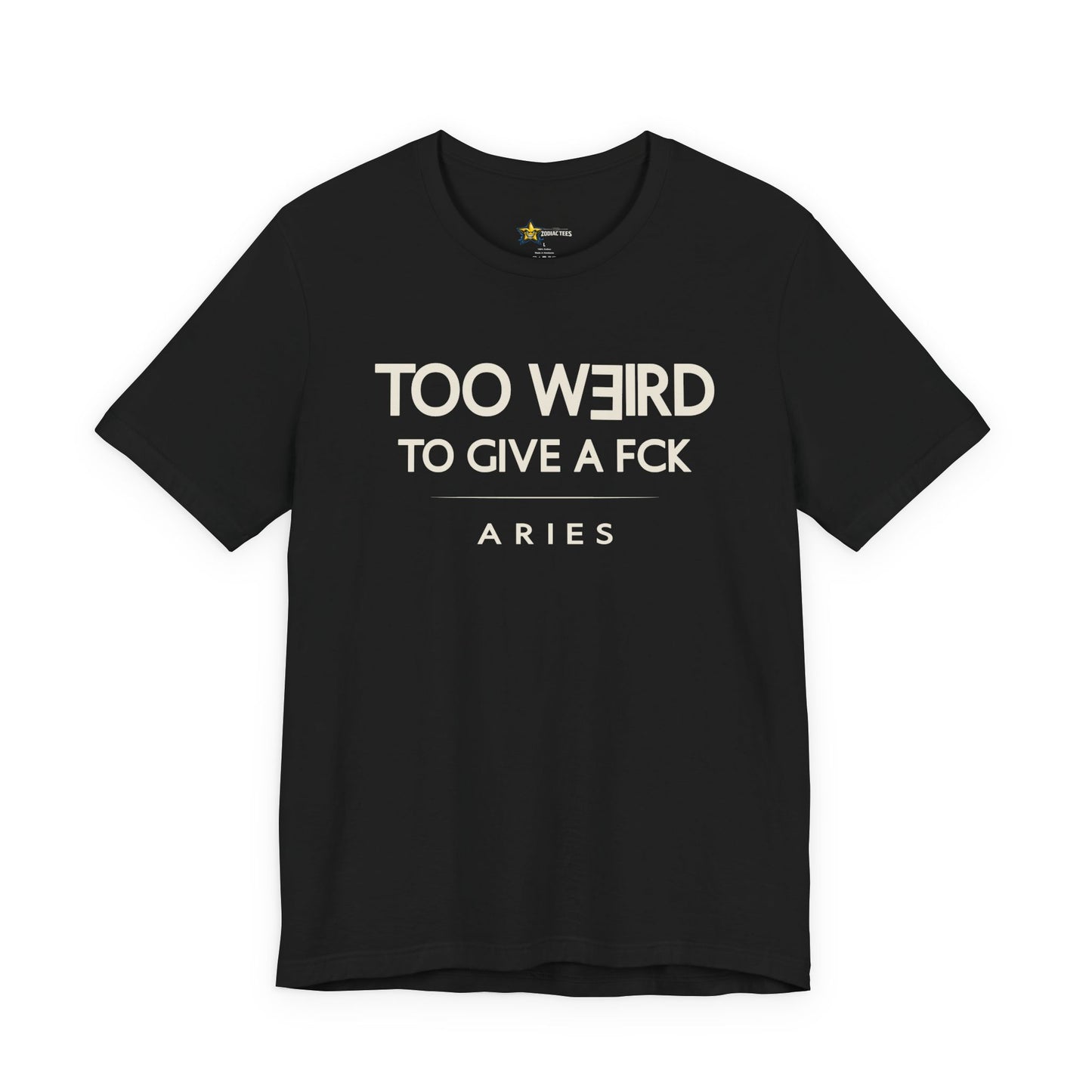 Aries astrology t-shirt with bold typography quote on black background