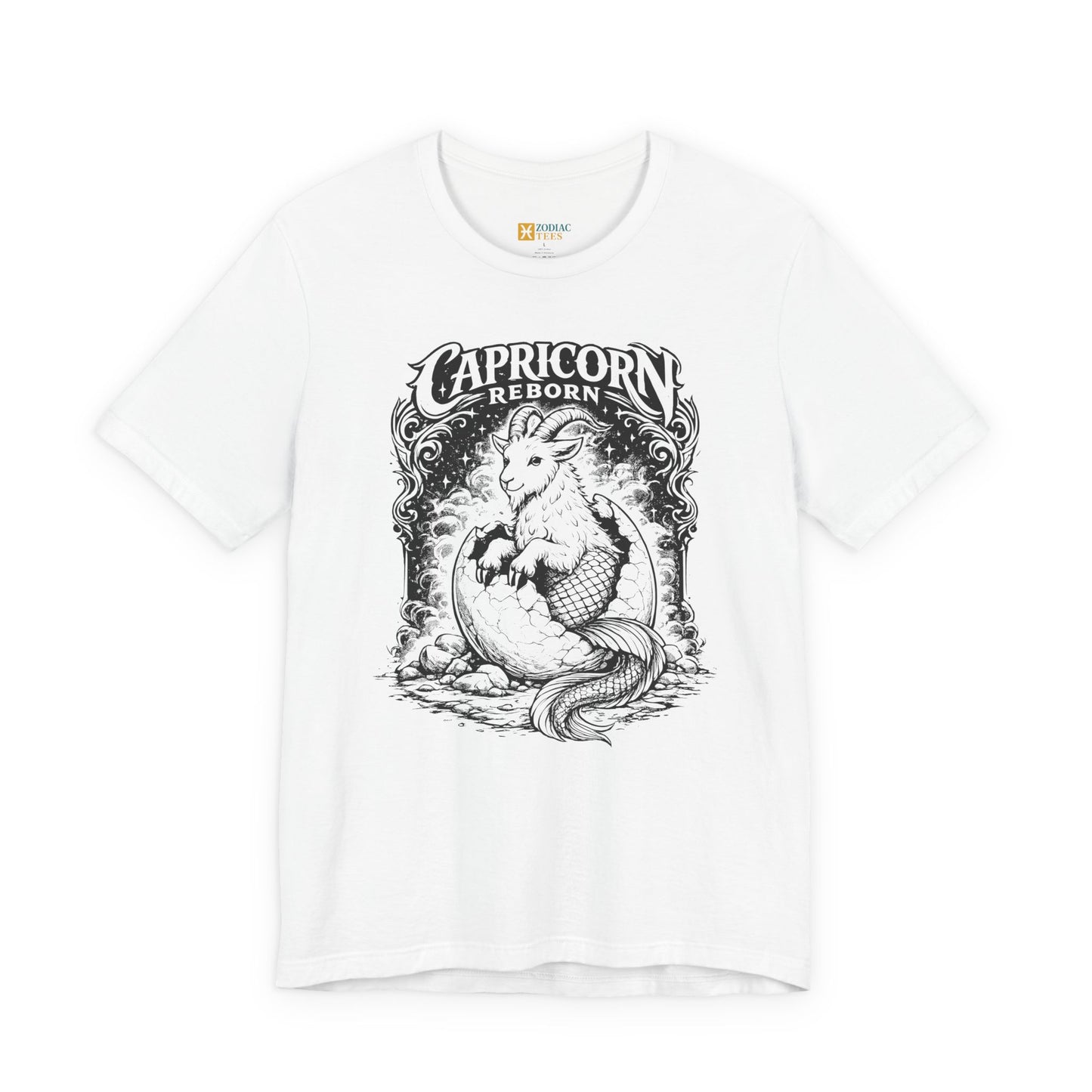 White Capricorn Reborn T-shirt with detailed artistic sea goat illustration in black line art.