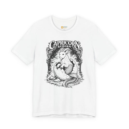 White Capricorn Reborn T-shirt with detailed artistic sea goat illustration in black line art.