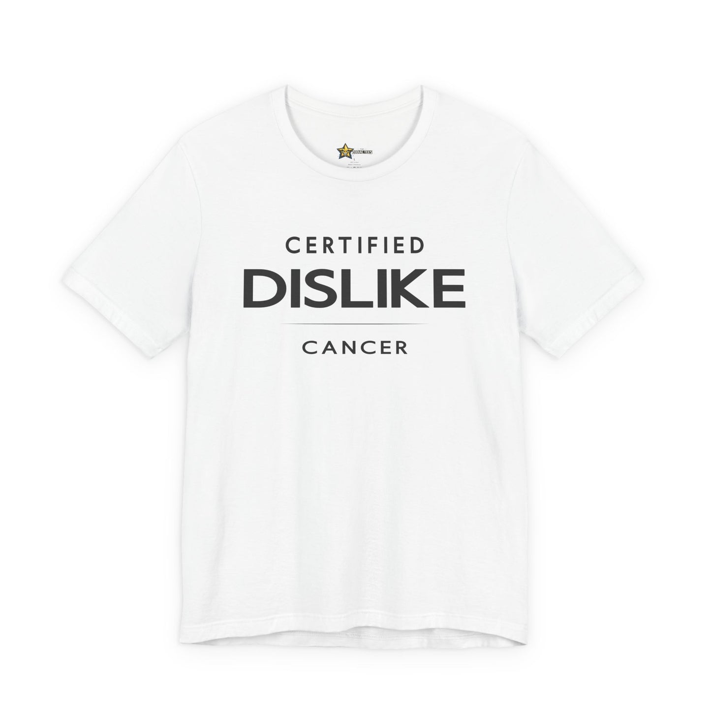 Cancer astrology t-shirt with Certified Dislike typography on white background.