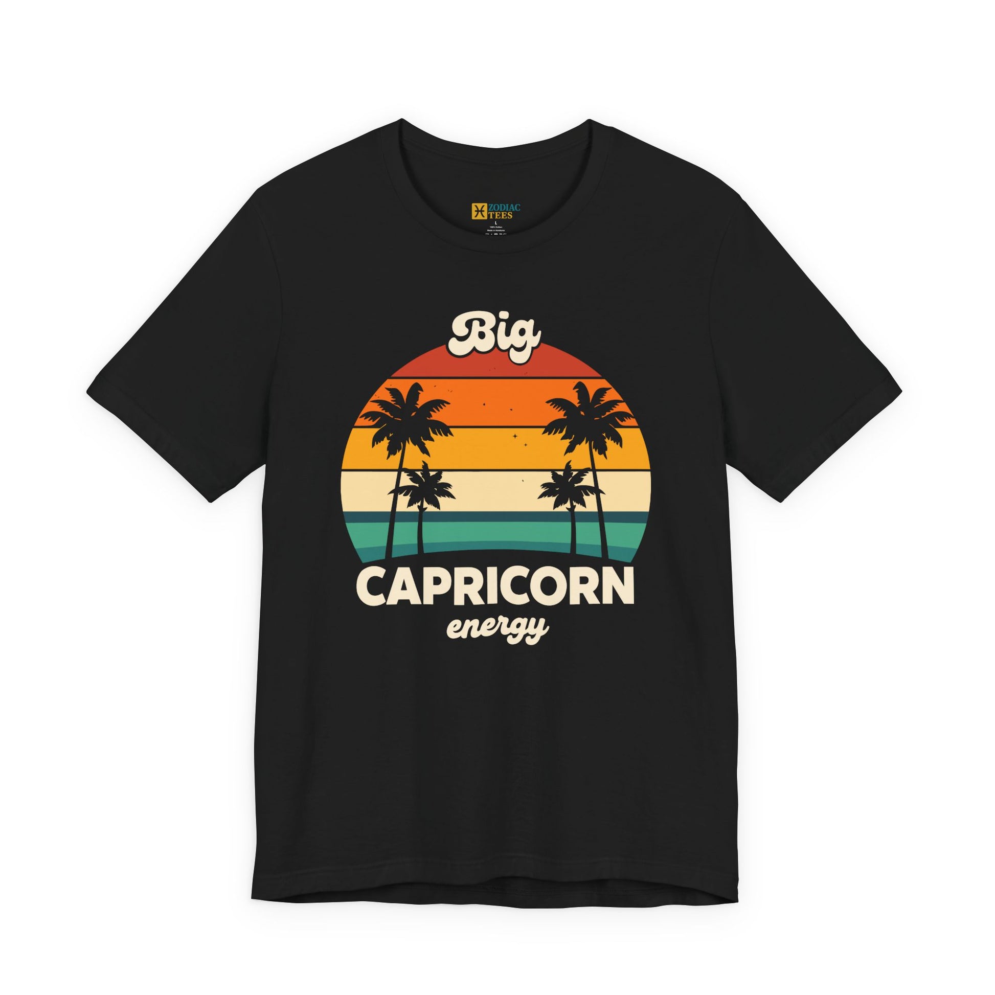 Big Capricorn Energy T-shirt with retro sunset and palm tree graphic on black fabric.