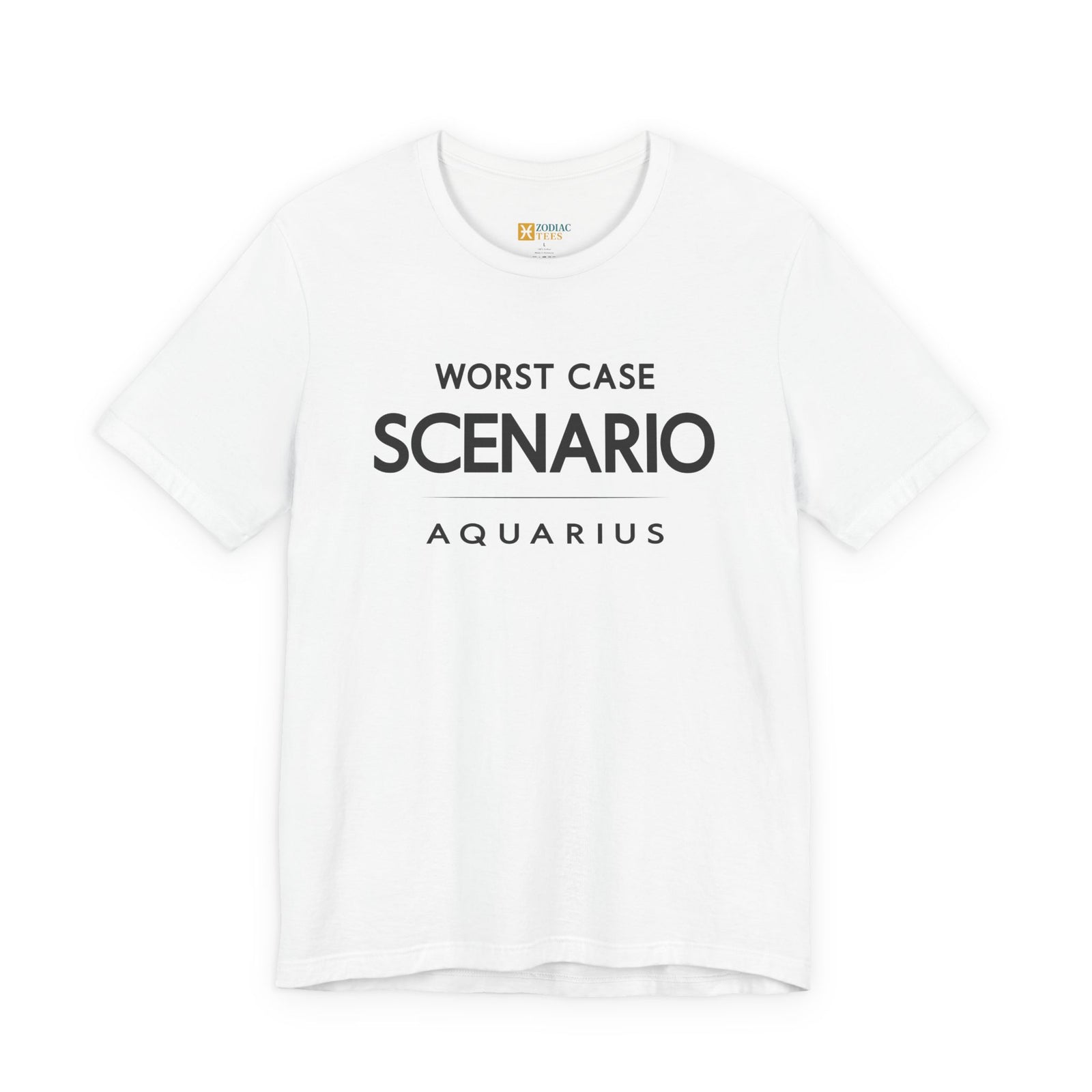 Aquarius astrology T-shirt with worst case scenario quote on white background.