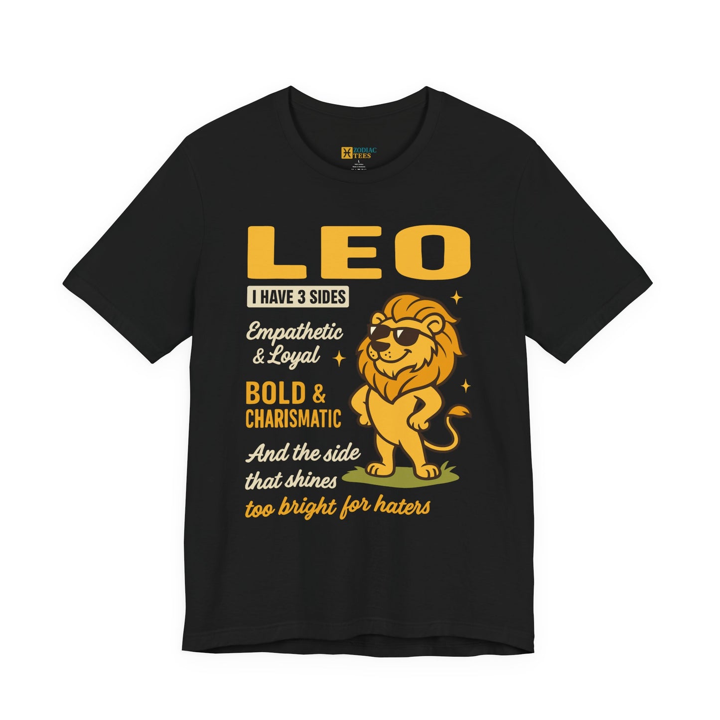 Black unisex T-shirt with a bold Leo graphic and yellow typography about empathetic, loyal, bold and charismatic personality traits.