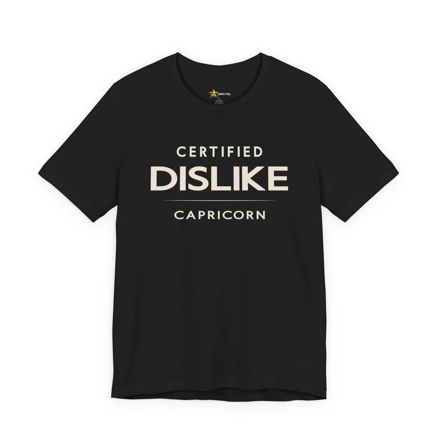 Capricorn astrology t-shirt with Certified Dislike typography on black background